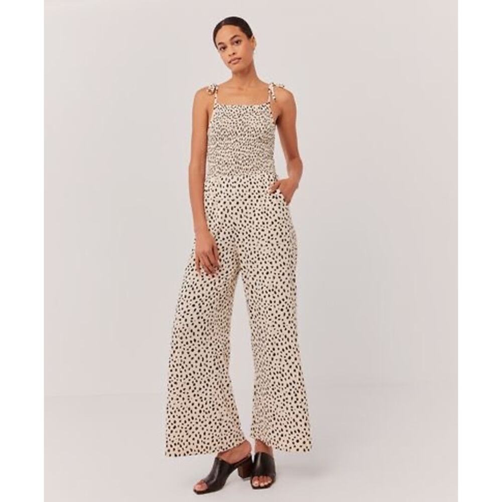 PACT Organic Cotton Jumpsuit Size M Smocked Wide Leg Cream Black Spots